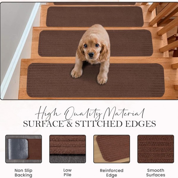 Non-Slip Carpet Stair Treads (7 Pack) - Easy Installation - Safety Protection Anti-Skid Rug Pads for Kids and Pets - Self-Adhesive Step Mats for Stairs – 20 x 76 cm (7, BROWN) – 13 – Brown