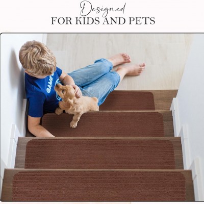 Non-Slip Carpet Stair Treads (7 Pack) - Easy Installation - Safety Protection Anti-Skid Rug Pads for Kids and Pets - Self-Adhesive Step Mats for Stairs – 20 x 76 cm (7, BROWN) – 7 – Beige