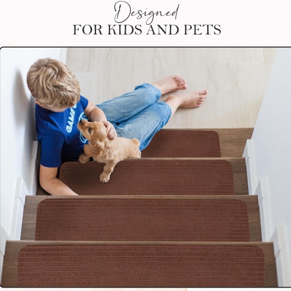 Non-Slip Carpet Stair Treads (7 Pack) - Easy Installation - Safety Protection Anti-Skid Rug Pads for Kids and Pets - Self-Adhesive Step Mats for Stairs – 20 x 76 cm (7, BROWN) – 7 – Beige