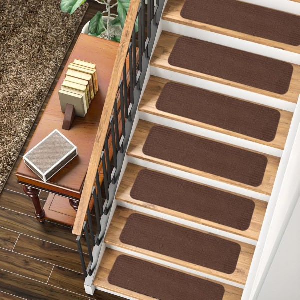 Non-Slip Carpet Stair Treads (7 Pack) - Easy Installation - Safety Protection Anti-Skid Rug Pads for Kids and Pets - Self-Adhesive Step Mats for Stairs – 20 x 76 cm (7, BROWN) – 7 – Brown