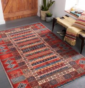 Washable Anatolian Pattern Rug – Non-Slip Soft Area Carpet for Living Room & Bedroom | NETLINE HOME – Red Multicolor – 120 x 180 cm (Rectangular)
