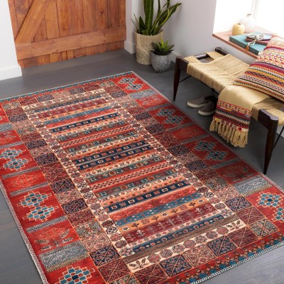 Washable Anatolian Pattern Rug – Non-Slip Soft Area Carpet for Living Room & Bedroom | NETLINE HOME – Red Multicolor – 120 x 180 cm (Rectangular)