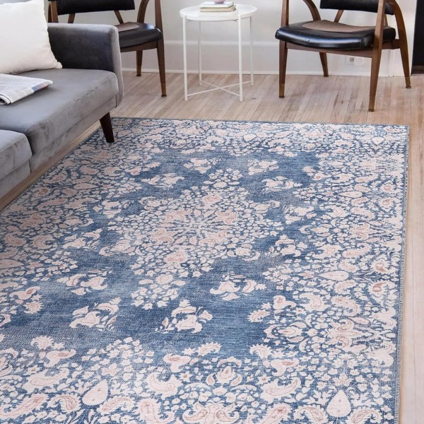 Machine Washable Area Rug for Living Room, Bedroom & Kitchen - Non Slip – 4 mm Low Pile Carpet - Vintage Rug - Pet Friendly & Kid Friendly Rugs (BLUE, 80X150) – Blue – 160 x 230 cm (Rectangular)