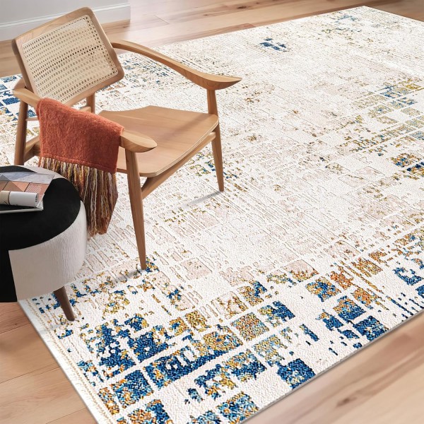 Area Rug for Living Room, Bedroom, Kitchen & Hallway – Low Pile Carpet – Bohemian, Contemporary, Scandinavian Style – Soft & Durable Beige, Gray, Blue Ivory Rug (BEIGE - BLUE, 200X290) – Beige - Blue – 200 x 290 cm (Rectangular)