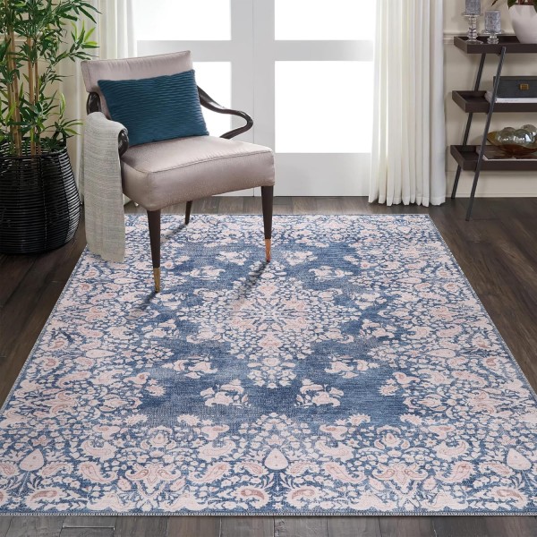 Machine Washable Area Rug for Living Room, Bedroom & Kitchen - Non Slip – 4 mm Low Pile Carpet - Vintage Rug - Pet Friendly & Kid Friendly Rugs (BLUE, 80X150) – Light Gray – 160 x 230 cm (Rectangular)