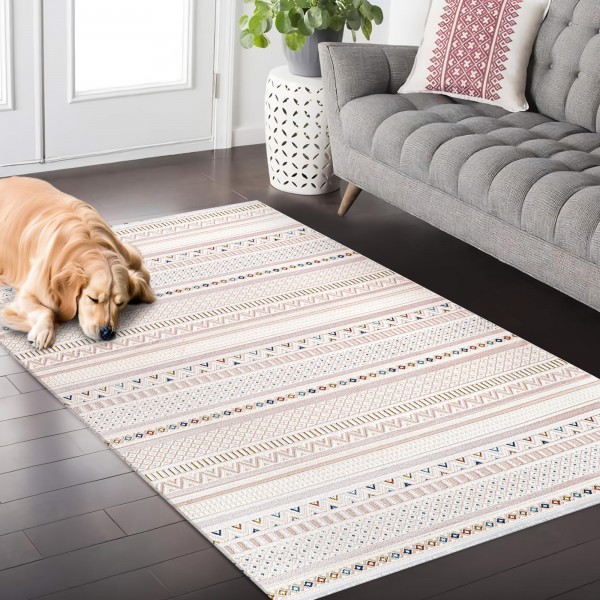 Area Rug for Living Room, Bedroom, Kitchen & Hallway – Low Pile Carpet – Bohemian, Contemporary, Scandinavian Style – Soft & Durable Beige, Gray, Blue Ivory Rug (BEIGE - BLUE, 200X290) – Boho Ivory – 160 x 230 cm (Rectangular)