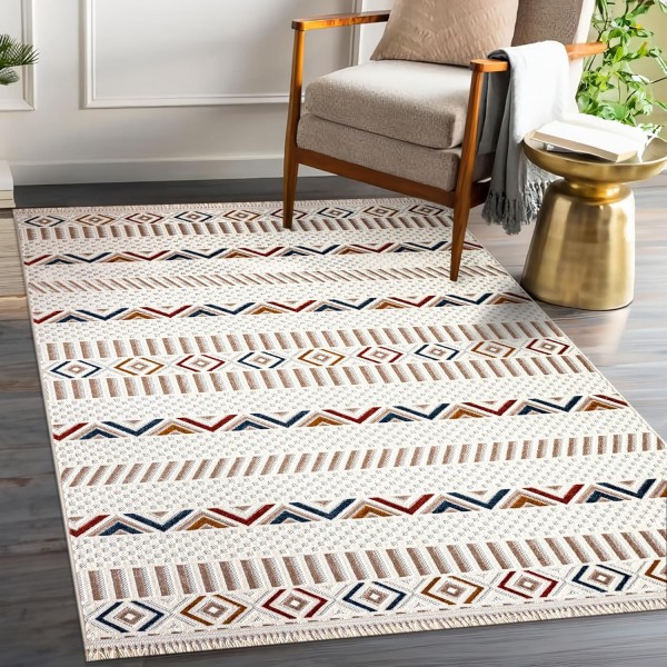 Area Rug for Living Room, Bedroom & Hallway – Soft & Durable Low Pile Area Rugs – Bohemian, Aztec & Boho Style – Pet & Kid-Friendly, Ideal for High-Traffic Areas (BEIGE, 120X180) – Light Beige – 120 x 180 cm (Rectangular)