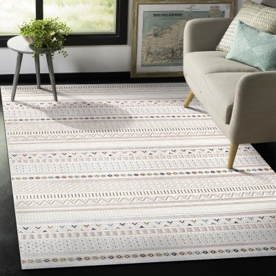 Area Rug for Living Room, Bedroom, Kitchen & Hallway – Low Pile Carpet – Bohemian, Contemporary, Scandinavian Style – Soft & Durable Beige, Gray, Blue Ivory Rug (BEIGE - BLUE, 200X290) – Boho Ivory – 200 x 290 cm (Rectangular)