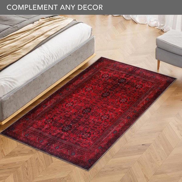Rugs Living Room - Washable Rug - Area Rug - Non-Slip Rugs Carpet Woven from Cotton - Vintage Rug for Living Room Bedroom Kitchen - Kid and Pet Friendly (RED RUG, 80X150 CM) – 200 x 290 cm (Rectangular) – Black Gray Rug