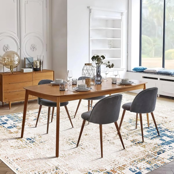 Area Rug for Living Room, Bedroom, Kitchen & Hallway – Low Pile Carpet – Bohemian, Contemporary, Scandinavian Style – Soft & Durable Beige, Gray, Blue Ivory Rug (BEIGE - BLUE, 200X290) – Beige -Gray – 120 x 180 cm (Rectangular)