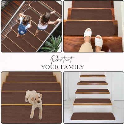 Non-Slip Carpet Stair Treads (7 Pack) - Easy Installation - Safety Protection Anti-Skid Rug Pads for Kids and Pets - Self-Adhesive Step Mats for Stairs – 20 x 76 cm (7, BROWN) – 13 – Black