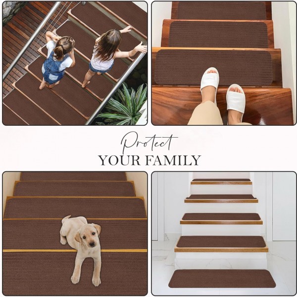 Non-Slip Carpet Stair Treads (7 Pack) - Easy Installation - Safety Protection Anti-Skid Rug Pads for Kids and Pets - Self-Adhesive Step Mats for Stairs – 20 x 76 cm (7, BROWN) – 13 – Black
