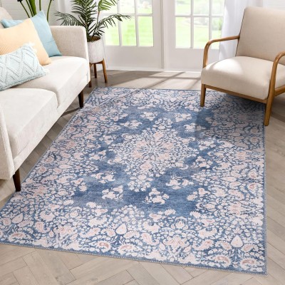 Machine Washable Area Rug for Living Room, Bedroom & Kitchen - Non Slip – 4 mm Low Pile Carpet - Vintage Rug - Pet Friendly & Kid Friendly Rugs (BLUE, 80X150) – Blue – 80 x 240 cm (Rectangular)