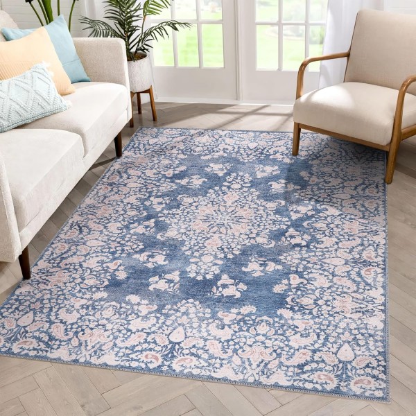 Machine Washable Area Rug for Living Room, Bedroom & Kitchen - Non Slip – 4 mm Low Pile Carpet - Vintage Rug - Pet Friendly & Kid Friendly Rugs (BLUE, 80X150) – Blue – 80 x 240 cm (Rectangular)