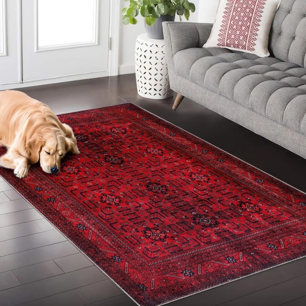 Rugs Living Room - Washable Rug - Area Rug - Non-Slip Rugs Carpet Woven from Cotton - Vintage Rug for Living Room Bedroom Kitchen - Kid and Pet Friendly (RED RUG, 80X150 CM) – 120 x 180 cm (Rectangular) – Blue Red Rug