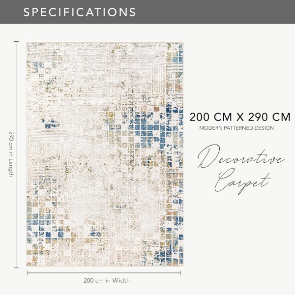 Area Rug for Living Room, Bedroom, Kitchen & Hallway – Low Pile Carpet – Bohemian, Contemporary, Scandinavian Style – Soft & Durable Beige, Gray, Blue Ivory Rug (BEIGE - BLUE, 200X290) – Boho Ivory – 80 x 150 cm (Rectangular)