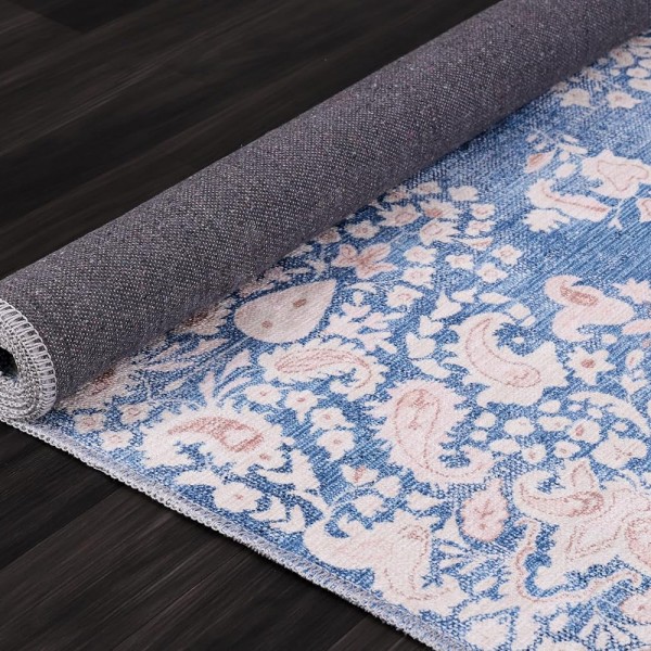 Machine Washable Area Rug for Living Room, Bedroom & Kitchen - Non Slip – 4 mm Low Pile Carpet - Vintage Rug - Pet Friendly & Kid Friendly Rugs (BLUE, 80X150) – Light Blue – 80 x 150 cm (Rectangular)