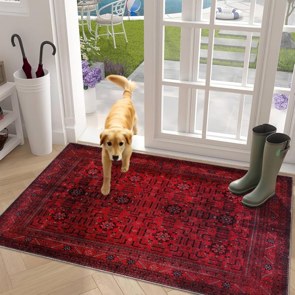 Rugs Living Room - Washable Rug - Area Rug - Non-Slip Rugs Carpet Woven from Cotton - Vintage Rug for Living Room Bedroom Kitchen - Kid and Pet Friendly (RED RUG, 80X150 CM) – 160 x 230 cm (Rectangular) – Black Gray Rug