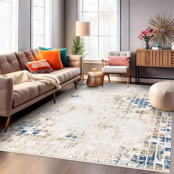 Area Rug for Living Room, Bedroom, Kitchen & Hallway – Low Pile Carpet – Bohemian, Contemporary, Scandinavian Style – Soft & Durable Beige, Gray, Blue Ivory Rug (BEIGE - BLUE, 200X290) – Boho Ivory – 120 x 180 cm (Rectangular)
