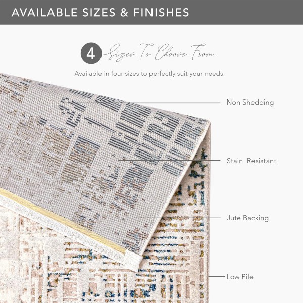 Area Rug for Living Room, Bedroom, Kitchen & Hallway – Low Pile Carpet – Bohemian, Contemporary, Scandinavian Style – Soft & Durable Beige, Gray, Blue Ivory Rug (BEIGE - BLUE, 200X290) – Beige -Gray – 200 x 290 cm (Rectangular)