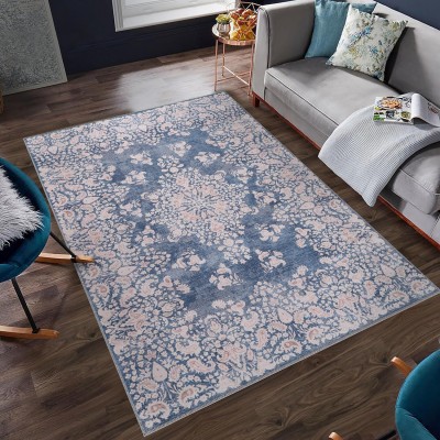 Machine Washable Area Rug for Living Room, Bedroom & Kitchen - Non Slip – 4 mm Low Pile Carpet - Vintage Rug - Pet Friendly & Kid Friendly Rugs (BLUE, 80X150) – Soft Gray – 80 x 240 cm (Rectangular)